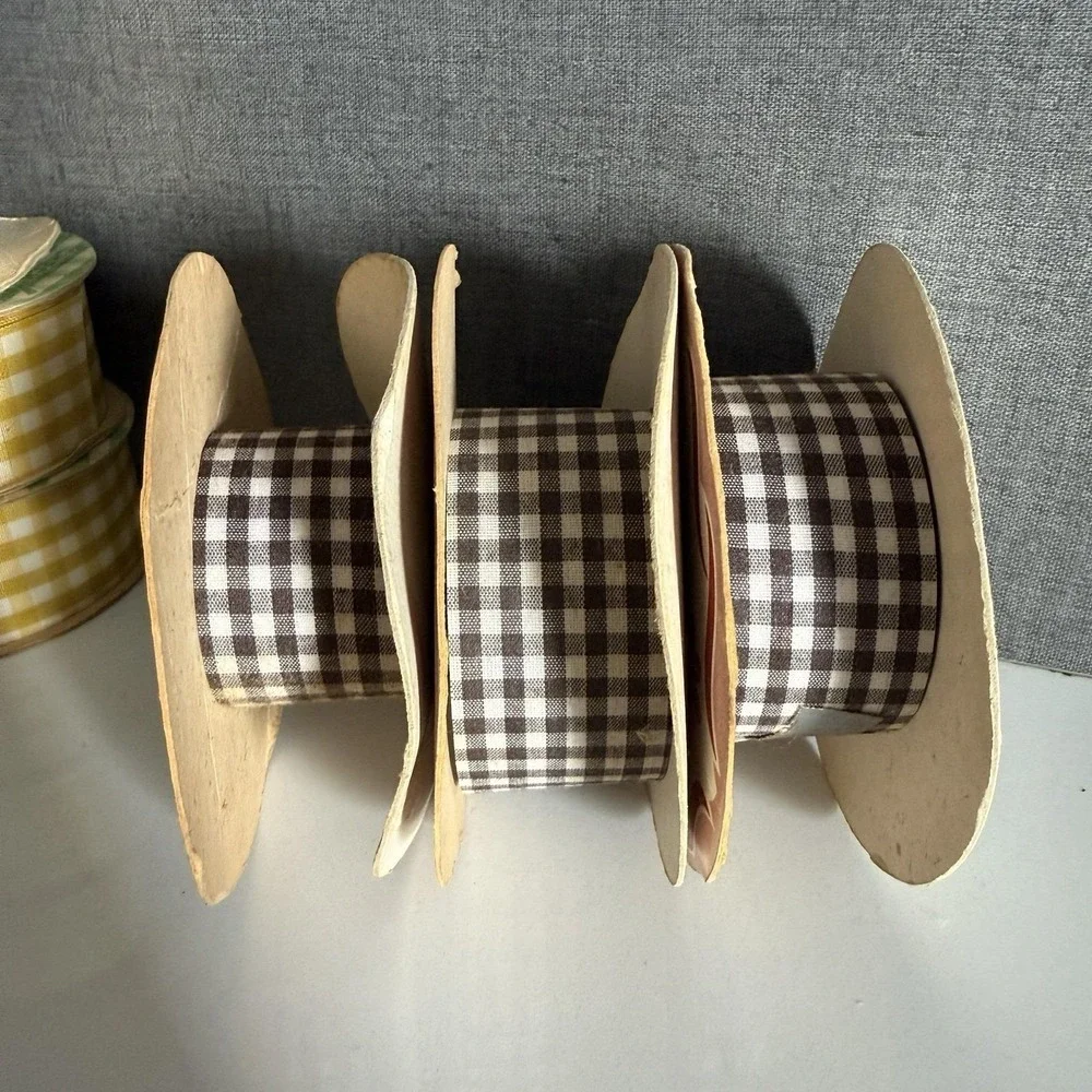 Vintage Lot of 9 Rolls Fabric Ribbons Red Yellow Brown Blue Pattern Check Plaid